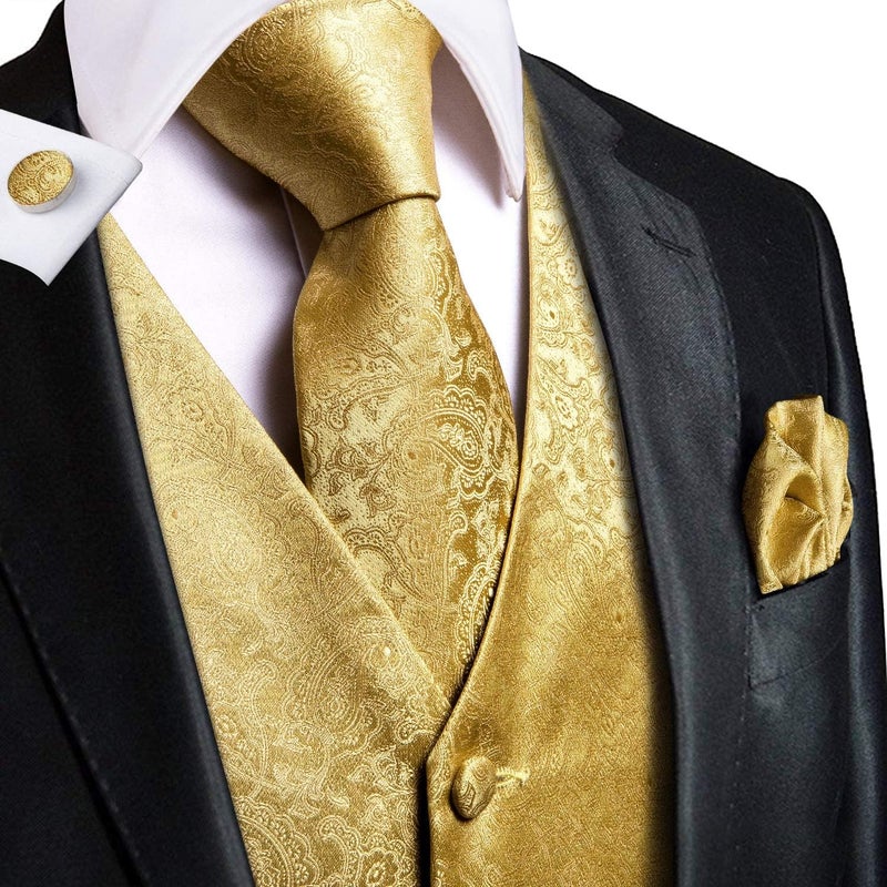 Hi-Tie Gold Paisley Suit Vests for Mens Tie Silk Vest Set Jacquard Formal Dress Waistcoat for Tuxedo Wedding Party Business - Image 2